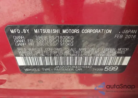 2016 Mitsubishi Lancer Es from USA, damaged, VIN JA32U2FU8GU010442